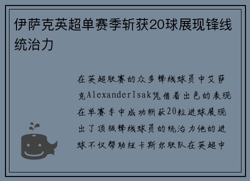 伊萨克英超单赛季斩获20球展现锋线统治力 伊萨克英超单赛季斩获20球展现锋线统治力