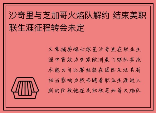 沙奇里与芝加哥火焰队解约 结束美职联生涯征程转会未定